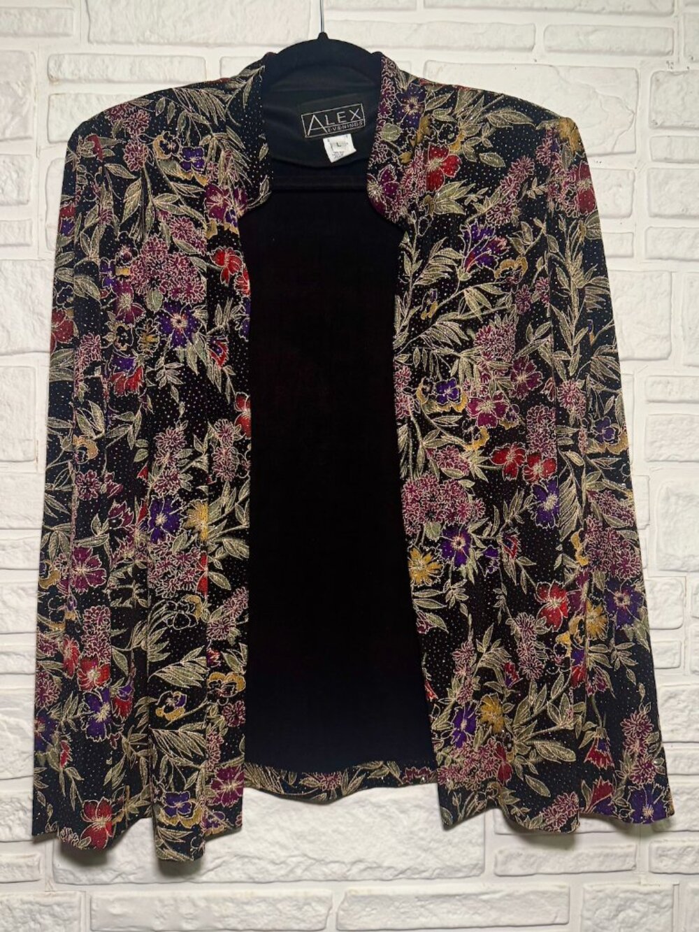 Alex Evenings Metallic Floral Open Front Cardigan Shoulder Pads L